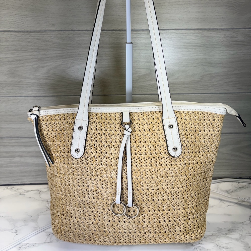 Woven Straw Tote Bag with White Trim